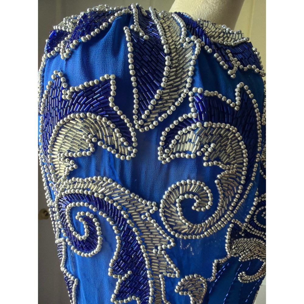 Vintage 80s 90s Silk Beaded Gown Cobalt Blue Dynasty Formal Glam Western Dolly - Picture 5 of 13